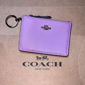 COACH Cardholder Mini Skinny ID Case Key Chain Wallet Purple Pebble Leather
